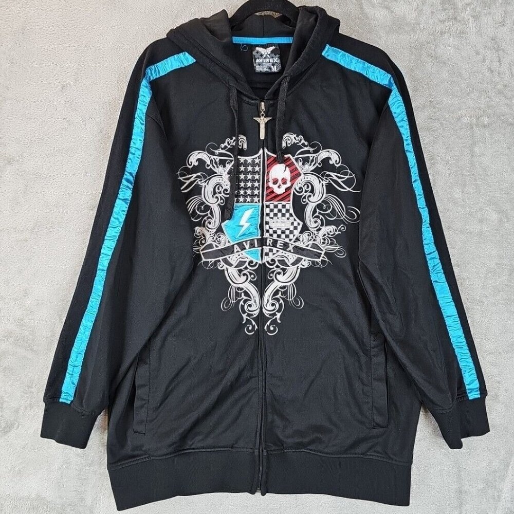 Avirex Iconic Resilience & Style Embroidered Hoodie Mens M Full Zip Skull Crest